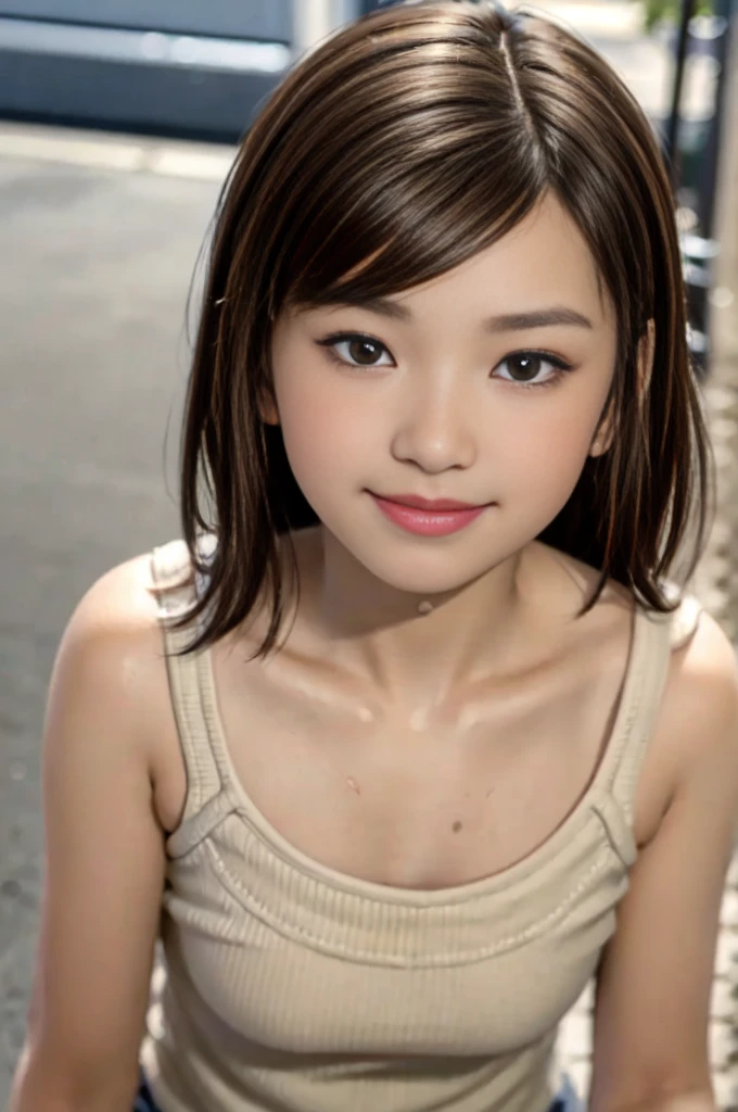 One girl, (9 years old, , Very young, low length:1.5), Haruka Sawamura (child), ryu ga gotoku,  Long Hair, Hair that falls over the shoulders, Brown Hair, Swept-apart bangs, hair ornaments, Brown eyes, lips, Flat Chest, naked、On the streets of Kabukicho, (smile:1.3), smile, cute, View your viewers, Detailed face, Detailed skin, Round eyes, (((Highest quality, masterpiece))), (((Very detailed))), (8K resolution), ((Realistic)), colorful, RAW Photos, Cinema Lighting, Highest quality, 8K Ultra HD, Realistic, (Unreal Engine), 