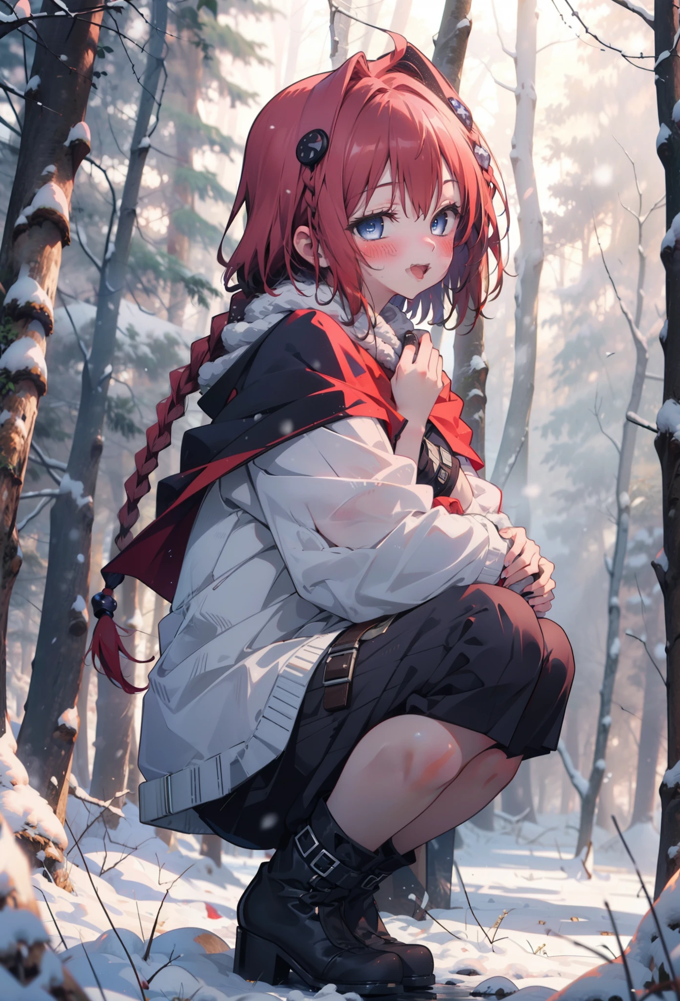 kurosaki mea,Redhead,Long Hair,Long braids,Purple eyes,smile,smile,blush,White Breath,
Open your mouth,snow,Ground bonfire,,Outdoor, boots, snowing, From the side, wood, suitcase, Cape, Blurred, , forest, White handbag, nature, Squat, Mouth closed, Cape, winter, Written boundary depth, Black shoes, red Cape break looking at viewer, Upper Body, whole body, break Outdoor, forest, nature, break (masterpiece:1.2), Highest quality, High resolution, unity 8k wallpaper, (shape:0.8), (Beautiful and beautiful eyes:1.6), Highly detailed face, Perfect lighting, Extremely detailed CG, (Perfect hands, Perfect Anatomy),