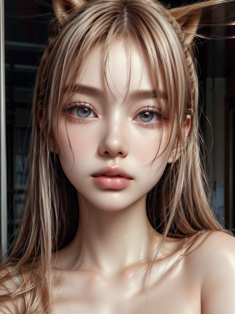 Bored girl, Look forward, Underarm, Underarm, nearly naked, Slim body, skinny, (Highest quality real textured skin),(Abysmal),(Are you okay, round, Symmetrical eyes),Delicate facial features,(Burning bright cold eyes), very slim and Slim body, naked, nude, (She has a mischievous smile),(Her face is kind and beautiful),Glass earrings in the ears,,(Blonde),(Silvery white hair),(Chestnut Hair),(Dramatic Photos:1.4),(Dramatic Pose),(Flashy photos), Upturned eyes, Upward glance, Cluttered picture,(Hair flying in the air:1.5),(Background vortices and currents),(Dramatic Light),(Nice views),Spectacular realism,Cinematic feel,(High-density image review:1.5),(Soft colors:1.2),Super detailed,Dramatic Light,(Intricate details:1.1),Complex background,