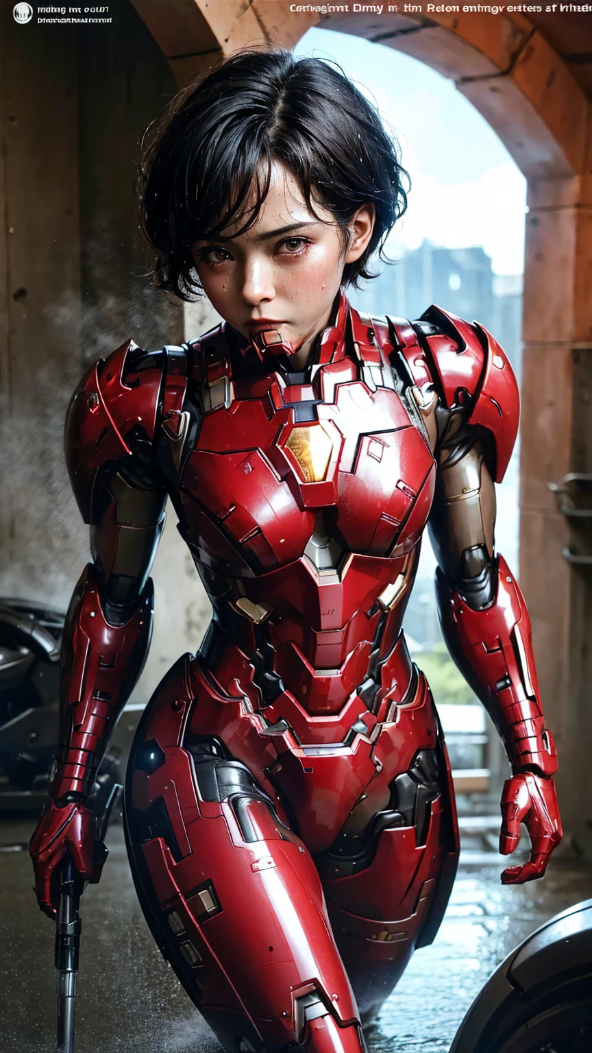 Highest quality　8k Red Iron Man Suit Girl　Middle-aged women　Sweaty face　cute　short hair　boyish　Steam coming out of my head　My hair is wet with sweat　The feel of black hair　Full body portrait　My upper body is soaked　 　I can see the vagina　Lying in bed