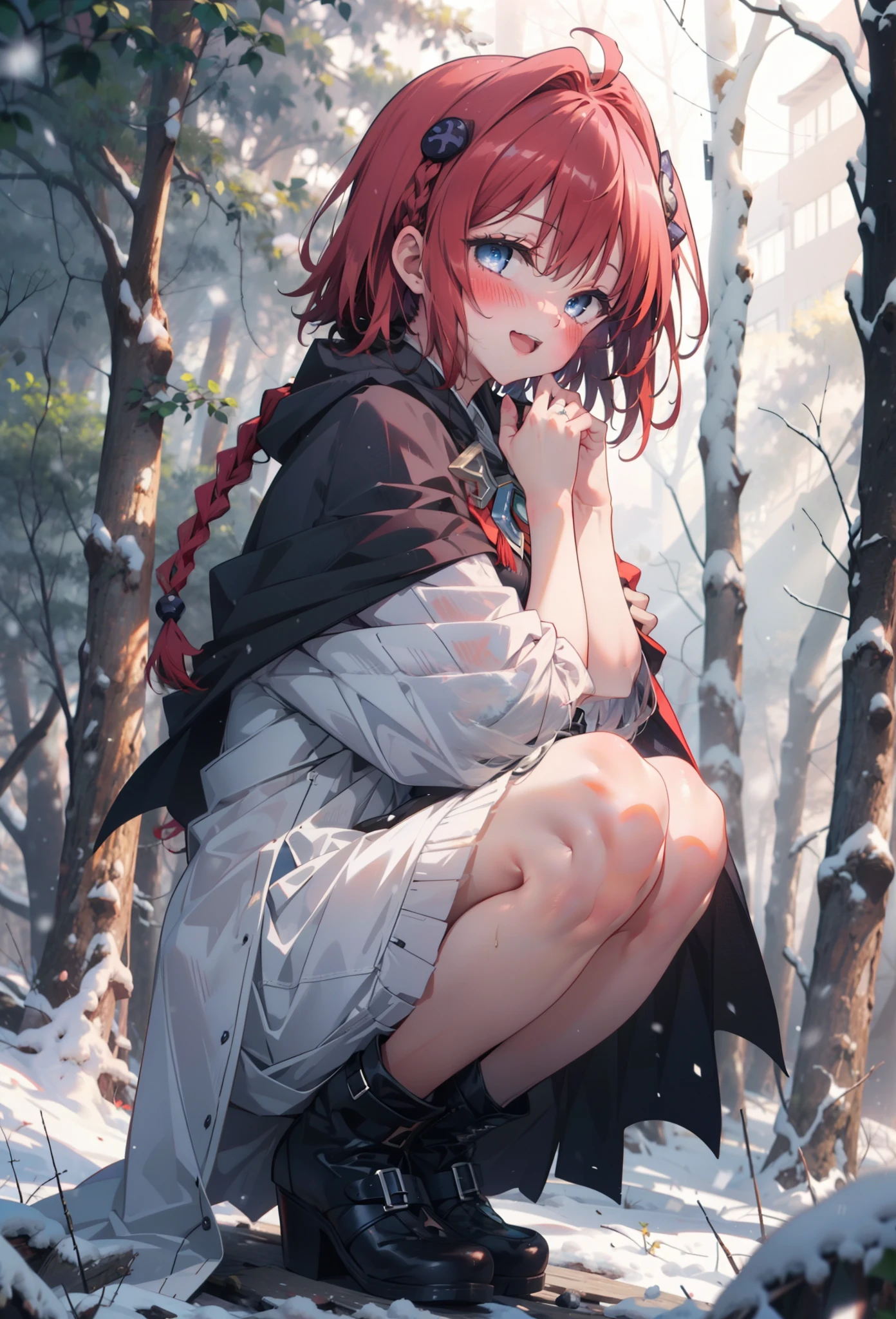 kurosaki mea,Redhead,Long Hair,Long braids,Purple eyes,smile,smile,blush,White Breath,
Open your mouth,snow,Ground bonfire,,Outdoor, boots, snowing, From the side, wood, suitcase, Cape, Blurred, , forest, White handbag, nature,  Squat, Mouth closed, Cape, winter, Written boundary depth, Black shoes, red Cape break looking at viewer, Upper Body, whole body, break Outdoor, forest, nature, break (masterpiece:1.2), Highest quality, High resolution, unity 8k wallpaper, (shape:0.8), (Beautiful and beautiful eyes:1.6), Highly detailed face, Perfect lighting, Extremely detailed CG, (Perfect hands, Perfect Anatomy),