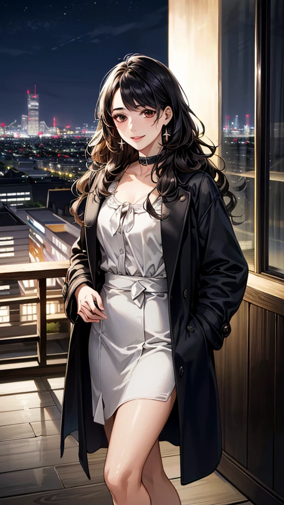 (masterpiece:1.2, Highest quality), (Realistic, photoRealistic:1.4), Beautiful illustrations, (Natural Side Lighting, Cinema Lighting), ,
View your viewers, 1 Girl, Japanese, 30 years old,Perfect Face, Cute and symmetrical face, Shiny skin,
(Medium Wavy Hair, Black Hair), Brown eyes, Long eyelashes,
Beautiful Hair, Beautiful Face, Beautiful attention to detail, Beautiful clavicle, Beautiful body, Beautiful breasts, Beautiful thighs, Beautiful feet, Beautiful fingers,
blouse, ((白いblouse, 開いた茶色のBal collar coat)), Bal collar coat, Black Skirt, Hair Ribbon,
(Beautiful views), (night), (city, cityscape in the distance)、 Standing, A soft smile、(Smile, Lips parted),