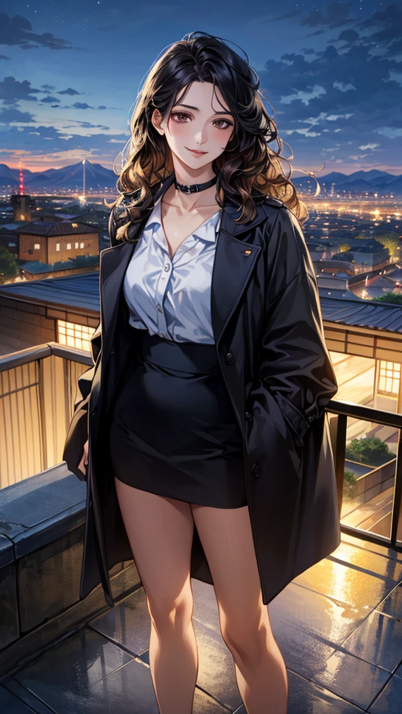 (masterpiece:1.2, Highest quality), (Realistic, photoRealistic:1.4), Beautiful illustrations, (Natural Side Lighting, Cinema Lighting), , 
View your viewers, 1 Girl, Japanese, 30 years old,Perfect Face, Cute and symmetrical face, Shiny skin, 
(Medium Wavy Hair, Black Hair), Brown eyes, Long eyelashes, 
Beautiful Hair, Beautiful Face, Beautiful attention to detail, Beautiful clavicle, Beautiful body, Beautiful breasts, Beautiful thighs, Beautiful feet, Beautiful fingers, 
blouse, ((白いblouse, 開いた茶色のBal collar coat)), Bal collar coat, Black Skirt, Hair Ribbon, 
 (Beautiful views), (night), (city, cityscape in the distance)、 Standing, A soft smile、(Smile, Lips parted),