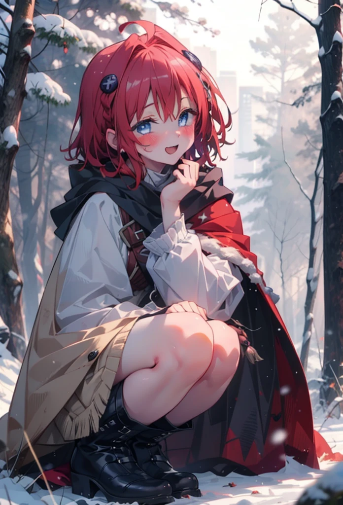 kurosaki mea,Redhead,Long Hair,Long braids,Purple eyes,smile,smile,blush,White Breath,
Open your mouth,snow,Ground bonfire,,Outdoor, boots, snowing, From the side, wood, suitcase, Cape, Blurred, , forest, White handbag, nature, Squat, Mouth closed, Cape, winter, Written boundary depth, Black shoes, red Cape break looking at viewer, Upper Body, whole body, break Outdoor, forest, nature, break (masterpiece:1.2), Highest quality, High resolution, unity 8k wallpaper, (shape:0.8), (Beautiful and beautiful eyes:1.6), Highly detailed face, Perfect lighting, Extremely detailed CG, (Perfect hands, Perfect Anatomy),