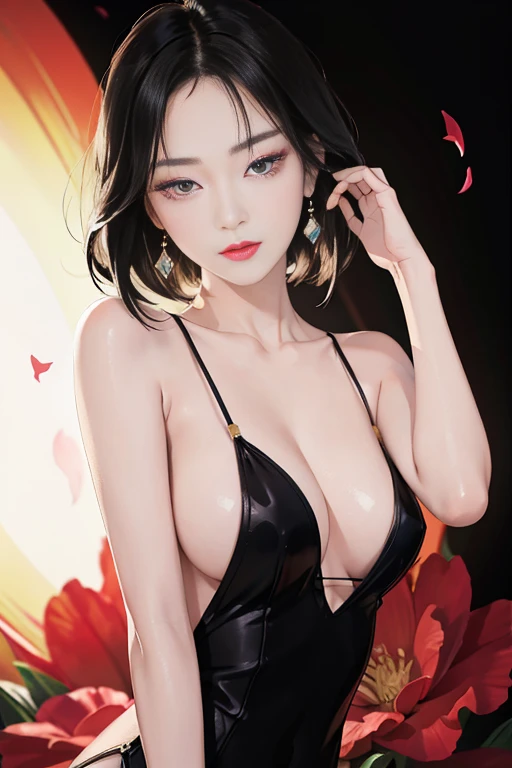 tsuruta ichiro, Narrow-eyed, 1girl in, Allback、deadpan、short-hair、shorth hair、brow、Reluctance、A dark-haired、Tucked Hair Solo, Cowgirl, Onepiece, ((mideum breasts)), Thin slit eyes、Black eyes, Light shines on the eyes、Black hair, gloves, Dress, Luxurious Jewelry, earrings, sharp eye、 elbow groves,Raise your hands and tie your hair back, random color, random color dress, Makeup for long eyes, Slender eyes、lip stick, Complex petal pattern, Rim Light, Back Light, pastel color,Studio Lighting