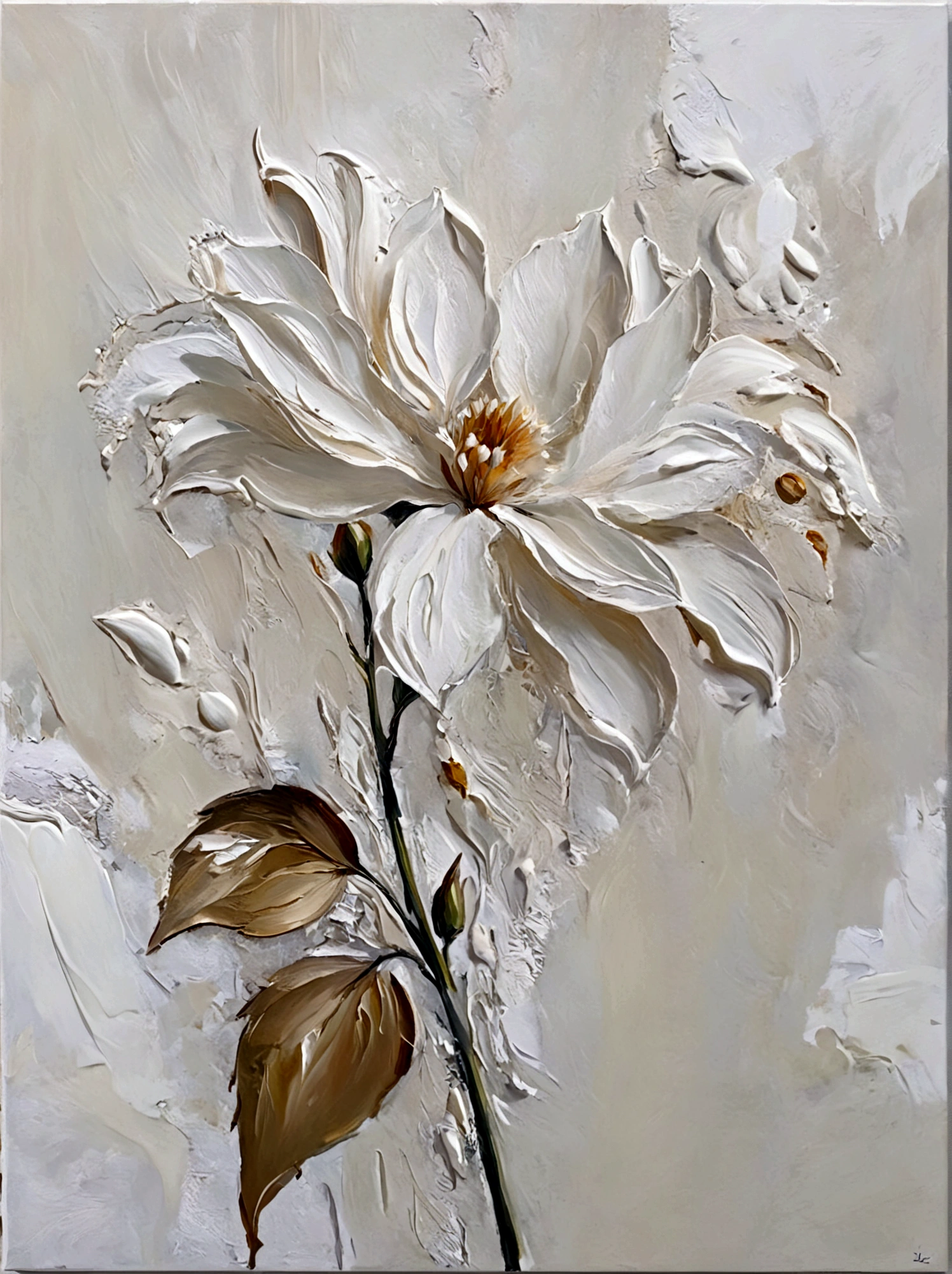 A white flower，bright，White background，vanilla，cream，whiskey，Abstract Art，emotion，emotion，Thick textured paint, 