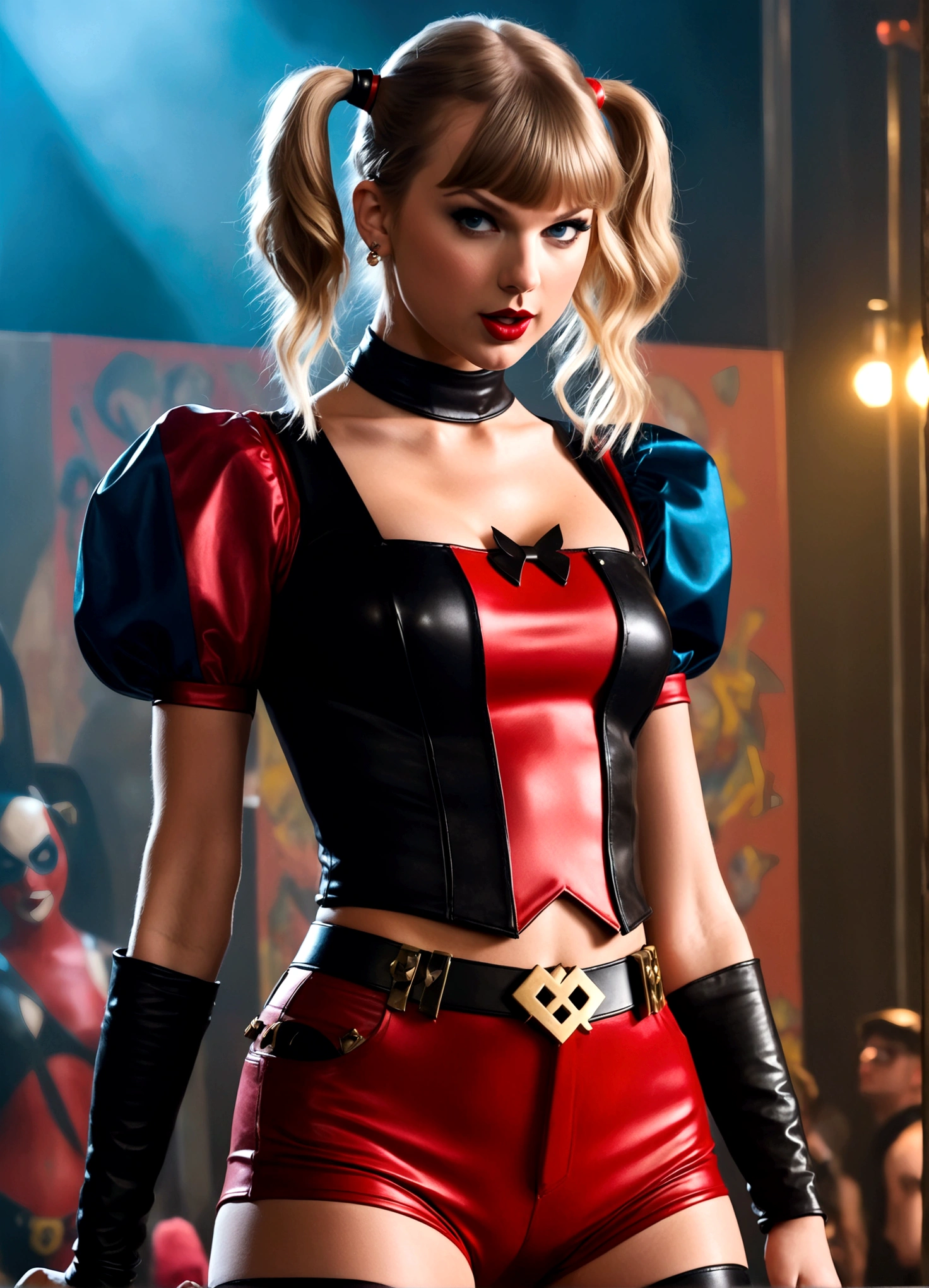 Taylor Swift (age 25) is portraying Harley Quinn, crazy sexy outfit,  insane flirty look, oversized carnival hammer, striking a cute power pose, show her entire body