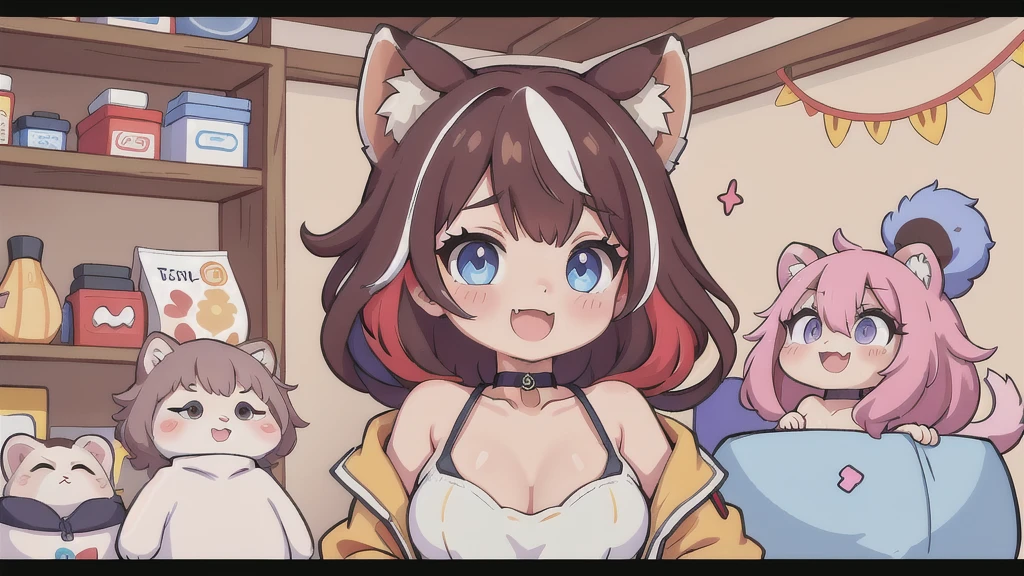 Rakkun, 1girl, solo, breasts, looking at viewer, smile, short hair, open mouth, bangs, blue eyes, large breasts, brown hair, shirt, long sleeves, animal ears, cleavage, hair between eyes, bare shoulders, collarbone, jacket, upper body, red hair, multicolored hair, choker, fang, virtual youtuber, blurry, two-tone hair, streaked hair, halterneck, white choker, ;d, bandaid, skin fang, brown jacket, colored inner hair, multicolored eyes, bandaid on face, photo, raccoon ears, bear ears, colored tips, bandaid on nose, raccoon girl,