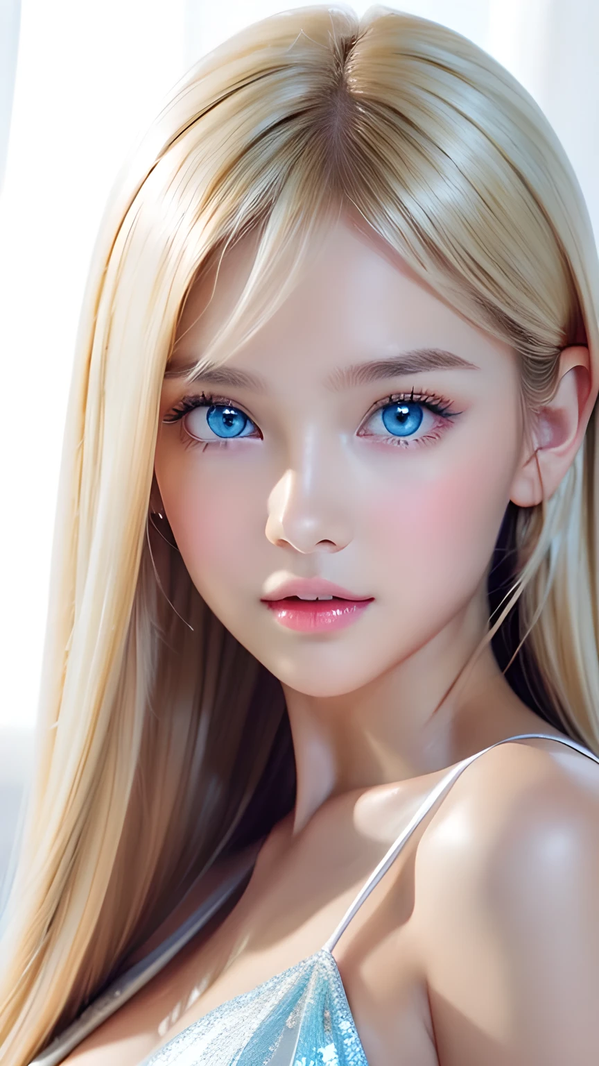 ((Glossy blonde hair and dazzling glossy hair))、A lovely little beautiful face of 15 years old、Bright expression、ponytail、A cute face that suits you、Bangs between the eyes、Long, lustrous bangs dancing in front of her pretty face、bangs that hide the face、(Very beautiful super long straight silky hair),Sexy cute young woman、Very big eyes、Sparkling, light, pale blue eyes、Small Face Beauty、Round face、White skin、Glowing Skin、Cheek gloss、Gloss Face、Young face、Lolita Face、