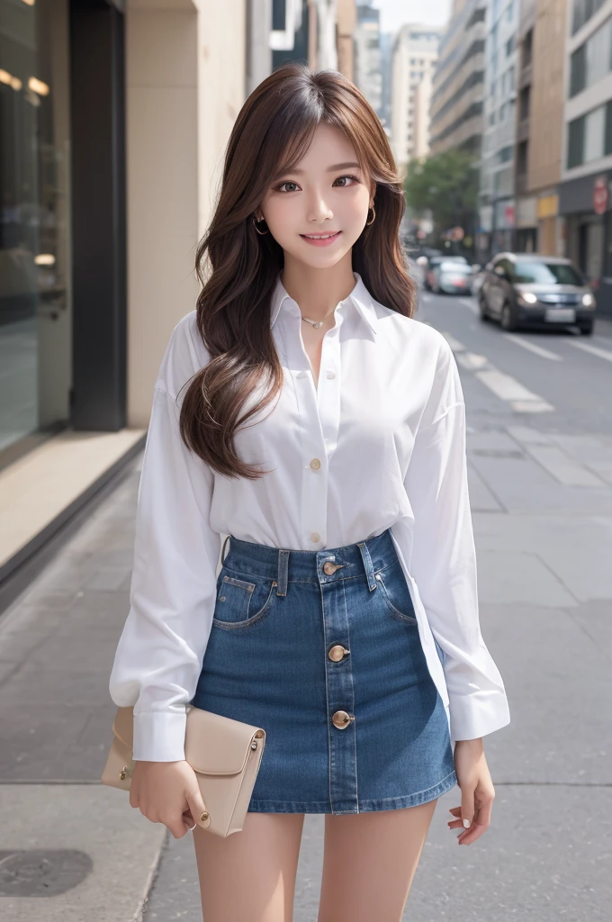 ((Highest quality, 8k, masterpiece: 1.3)), sharp: 1.2, Perfect body beauty: 1.4, Slim Abs: 1.2, ((Layered Hairstyles, flat chest: 1.2)), (濡れた White Button Long Shirt: 1.4), (smile:1.4)、Highly detailed face and skin texture, Fine grain, double eyelid, Looking down at the camera)、(mini skirt)、(whole body)、(High heels)