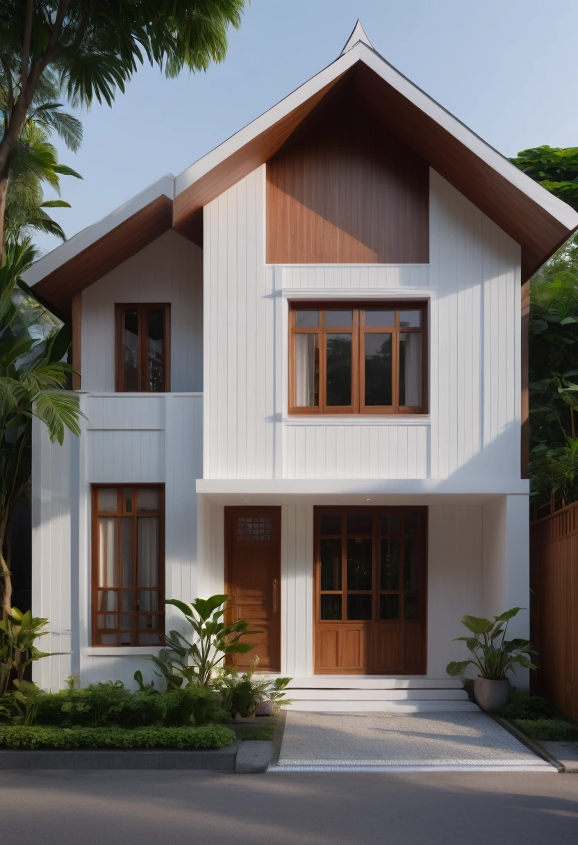 architecture, small 1 floor house in Viet Nam, wooden white wall cottage, beautiful modern house in a downtown, the small modern house in the town, white wall house, cottagecore!!, ((8k)), soothing and cozy landscape, peaceful wooden mansion, ((UHD)), 8k, high quality detail

