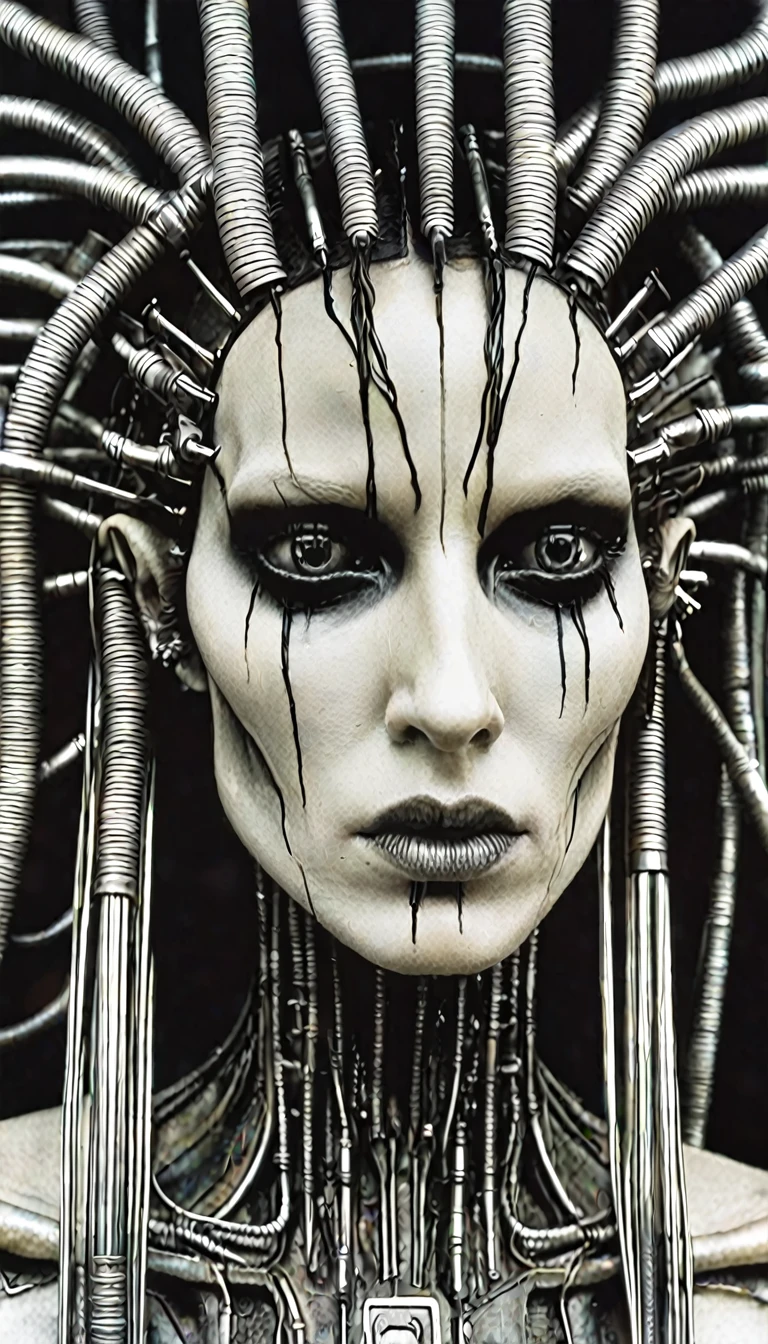 Nine Inch Nails, exaggerated hardware, industrial vibe, H.R. Giger, (hyperrealistic facial features:1.3)