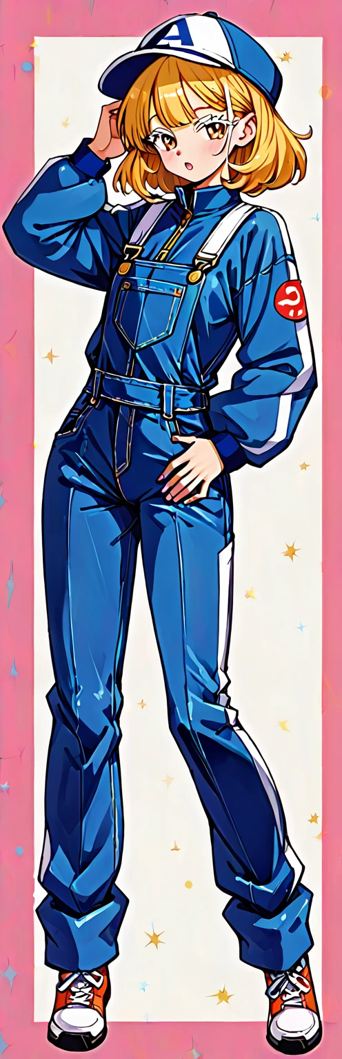 Uma mulher, cabelos brancos muito cacheados, white eyelashes, olhos azuis, jumpsuit with a large neckline, dividindo a buceta, Overalls that are too tight, cara de desconforto, sem blusa, without pants, hand with the finger pokes the pussy's overalls