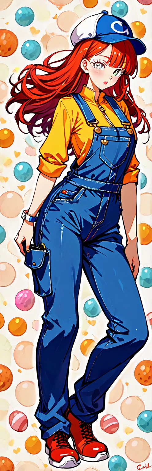 Uma mulher, cabelos brancos muito cacheados, white eyelashes, olhos azuis, jumpsuit with a large neckline, dividindo a buceta, Overalls that are too tight, cara de desconforto, sem blusa, without pants, hand with the finger pokes the pussy's overalls