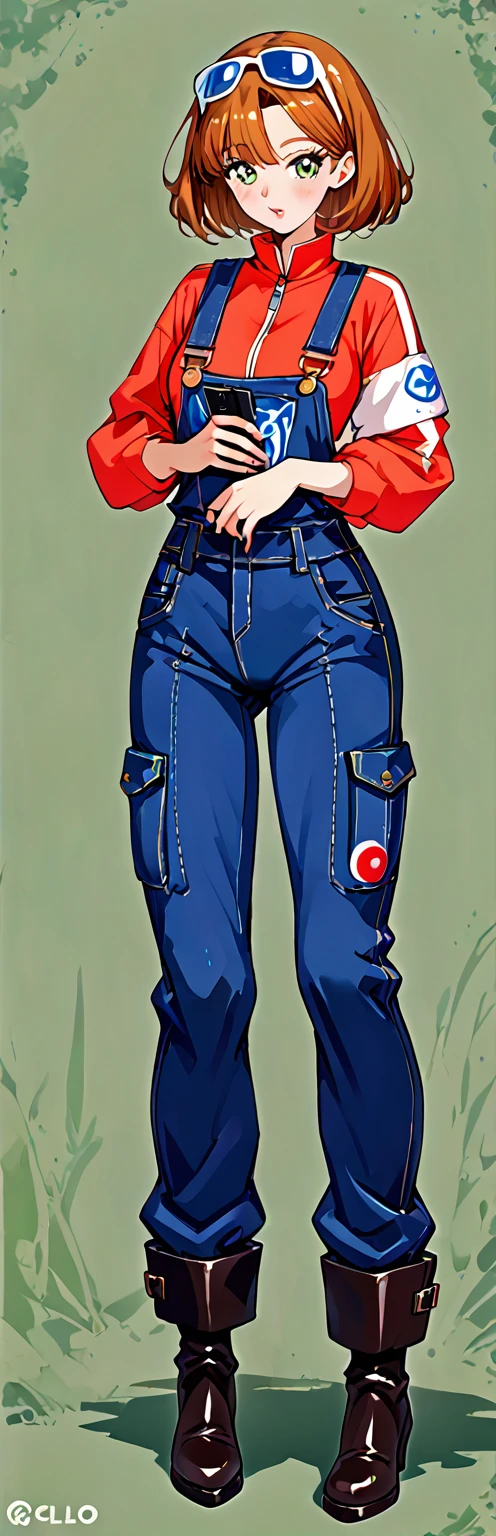 Uma mulher, cabelos brancos muito cacheados, white eyelashes, olhos azuis, jumpsuit with a large neckline, dividindo a buceta, Overalls that are too tight, cara de desconforto, sem blusa, without pants, hand with the finger pokes the pussy&#39;s overalls