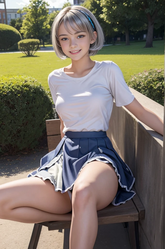 masterpiece, best quality, ((female teen)), (((turn over the skirt))),(cinematic proof),clear face, cute teenage girls,perfect anatomy, happy smile,winkking,open legs,silver short hair,blue eyes, realistic face, realistic,dynamic angle, (1girl), solo focus, small breast, ((****ta)),photoreal,hug,looking at viewer,sitting in the park,from below,((outdoor)),****, open legs tight, panties