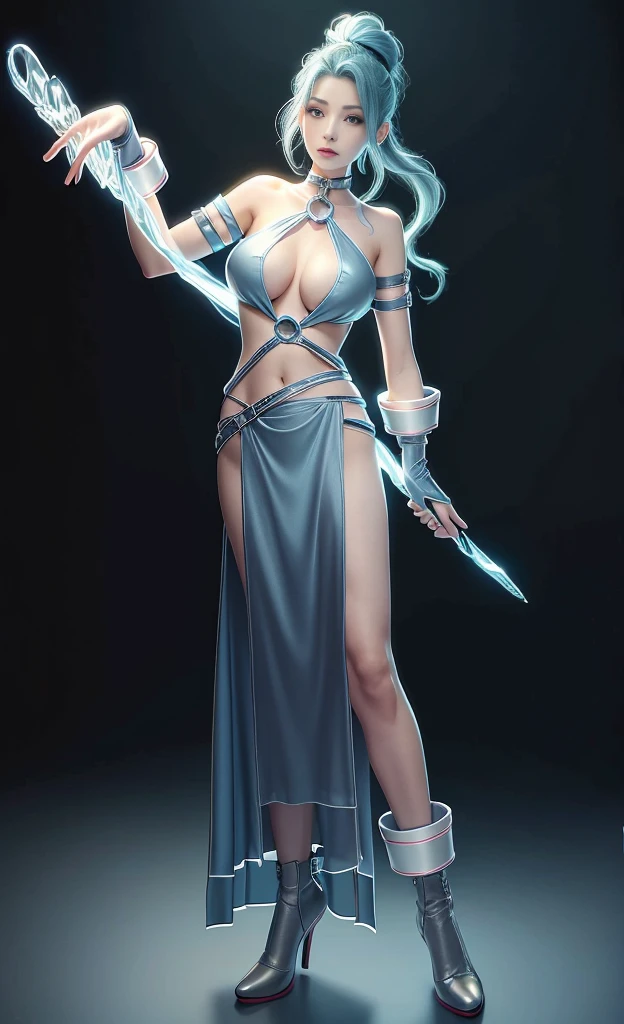 Blue Hair Surrealism, Character table, Reference Table, Standing painting, 8k, Super Detail, 1080P, Women HD, 4K, 8k, 16k, high resolution, best quality, high quality, Anatomically correct, masterpiece, precise, Ultra HD,grace,Unreal Engine,Delicate face,Long braids,slim,Long legs,miniskirt