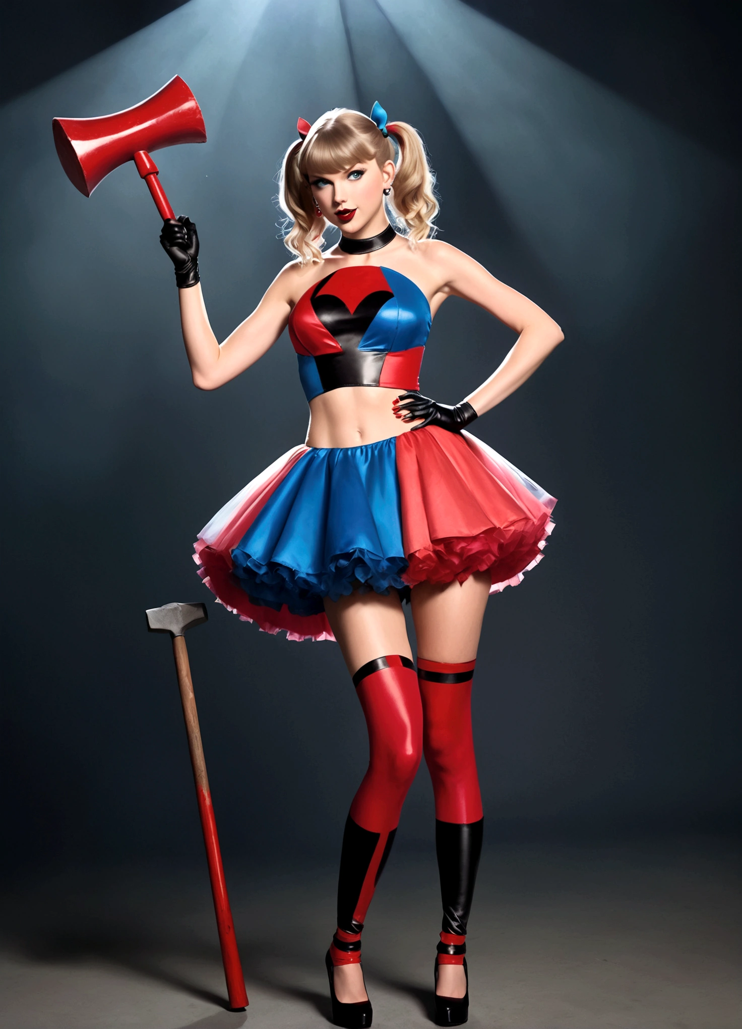 Taylor Swift (age 25) is portraying Harley Quinn, crazy sexy outfit, insane flirty look, oversized carnival hammer, striking a cute power pose, show her entire body
