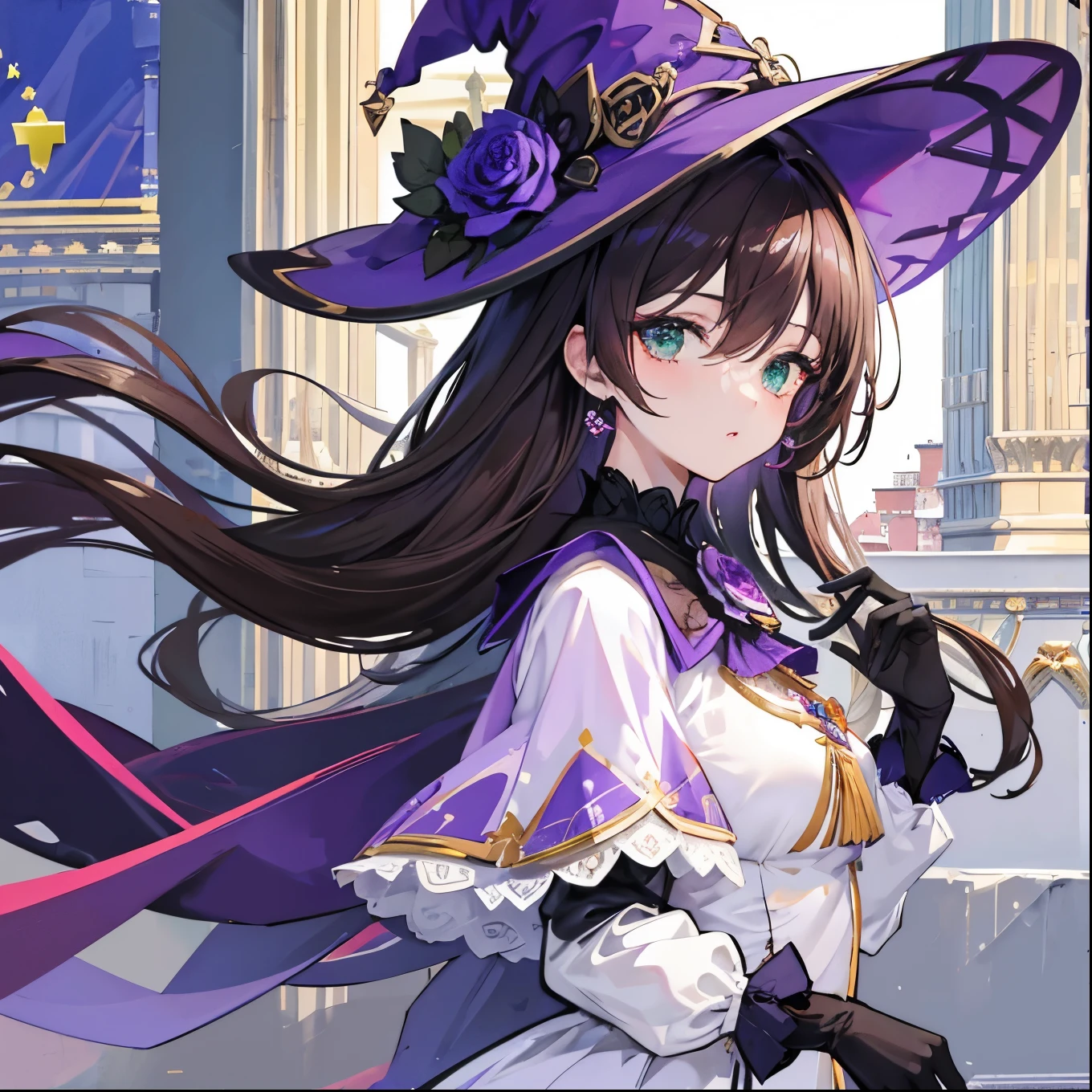a beautiful girl, perfect face, arms at sides, masterpiece, ultra high res, high quality, 4k, upper body:1.5, lisa (genshin impact), urple witch hat, green eyes, brown hair, (PureErosFace_V1:0.008), (european:1.6), bangs, dress, rose, jewelry, witch, capelet, purple headwear, black gloves, purple flower, hair between eyes, purple rose, parted lips, purple capelet, hat flower, multicolored dress, hair ornament, windmill, from side,