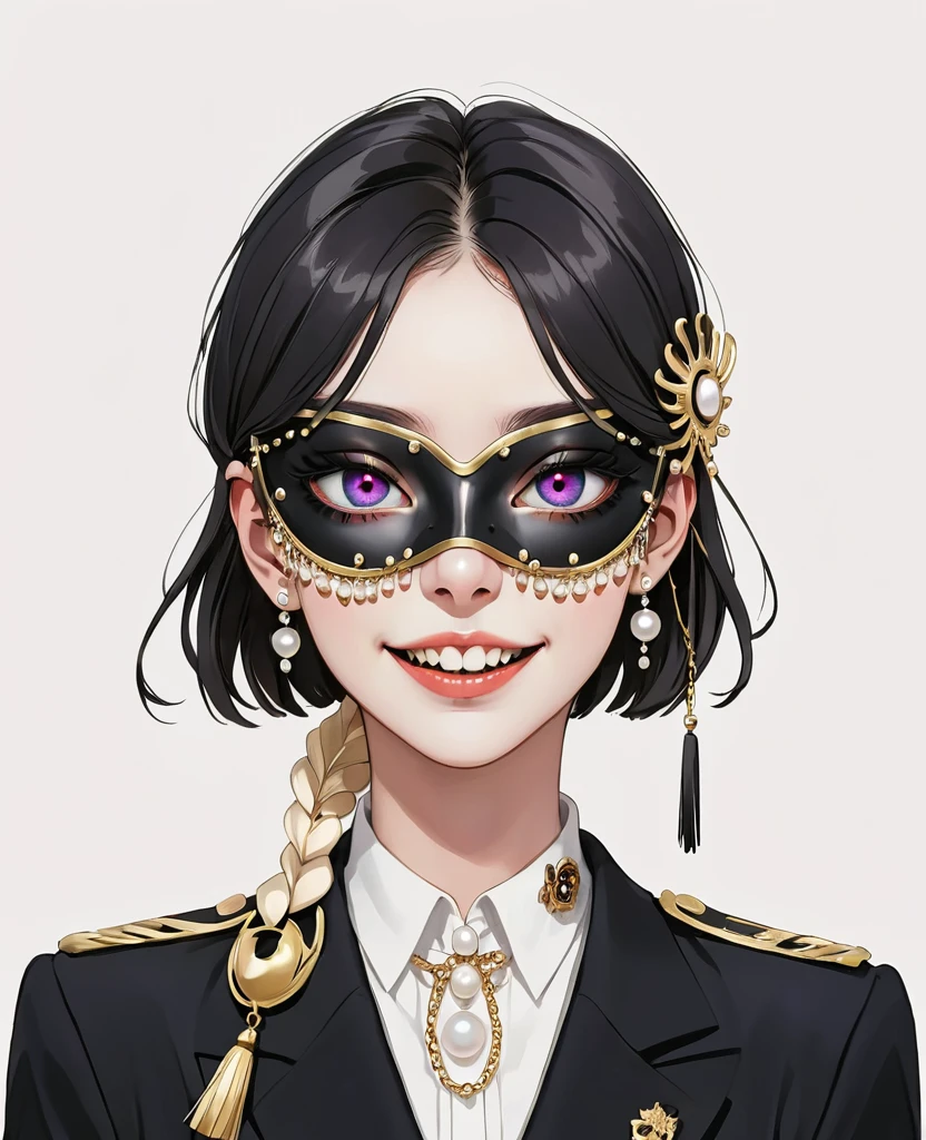 (Digital Illustration,Detailed anime style,Pearl tassel eye mask,Portrait of girl wearing mask eye patch,Solitary,symmetry),(Big colorful eyes,Fashionable and exquisite facial features,Exquisite makeup,Smooth skin,laughing out loud,Fangs,Soulful gaze,),(Straight Hair,Hairpin),(Black suit,Epaulettes-Chain,cool,),Clean and simple white background,(((Correct human anatomy)))