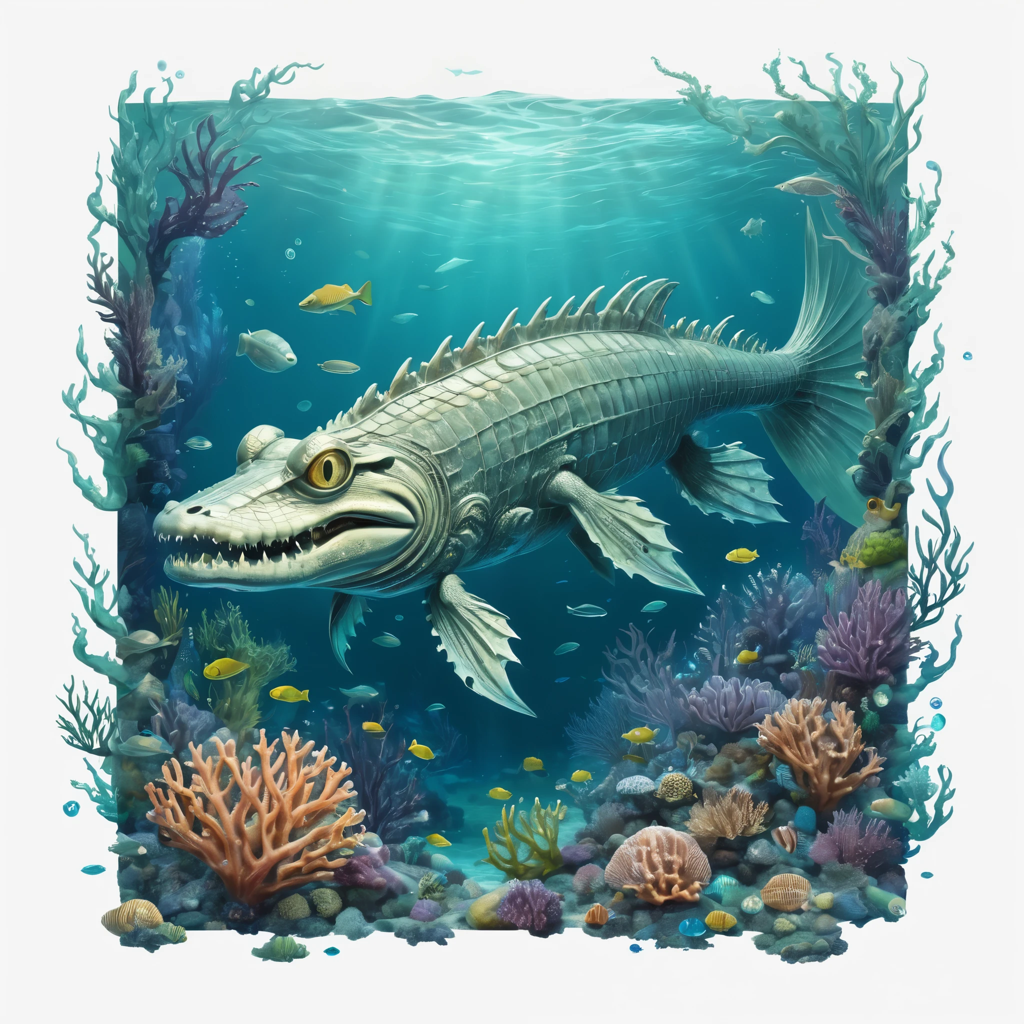 Create an incredibly imaginative and visually stunning image featuring an "Anthropomorphic Alligator Fish." Picture a fantastical underwater world where an alligator fish, with the body of a fish and the head and limbs of an alligator, is the central figure. The creature is standing upright, wearing a regal, intricately designed armor made of seashells, coral, and bioluminescent materials that glow softly in the deep ocean.
In the background, a vibrant underwater kingdom teems with life, featuring colorful coral reefs, swaying sea plants, and schools of exotic fish. Ancient ruins of a lost civilization can be seen, partially covered in marine growth, adding a sense of mystery and history.
The anthropomorphic alligator fish holds a trident made of shimmering pearls and gold, exuding authority and power. Surrounding the creature are smaller sea creatures and marine companions, each with unique and whimsical designs, enhancing the fantastical atmosphere.
The color palette should be rich and diverse, with deep blues and greens of the ocean contrasted by the bright, glowing accents of the bioluminescent elements and the vibrant colors of the marine life. Use detailed, flowing lines to capture the intricate patterns and textures of the underwater environment and the creature’s armor.
The entire image should evoke a sense of wonder, adventure, and the surreal beauty of a magical underwater world, blending elements of fantasy and marine life to create a truly captivating and unique masterpiece.