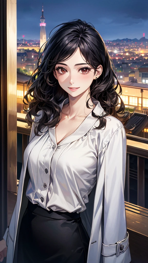 (masterpiece:1.2, Highest quality), (Realistic, photoRealistic:1.4), Beautiful illustrations, (Natural Side Lighting, Cinema Lighting), ,
View your viewers, 1 Girl, Japanese, 30 years old,Perfect Face, Cute and symmetrical face, Shiny skin,
(Medium Wavy Hair, Black Hair), Brown eyes, Long eyelashes,
Beautiful Hair, Beautiful Face, Beautiful attention to detail, Beautiful clavicle, Beautiful body, Beautiful breasts, Beautiful thighs, Beautiful feet, Beautiful fingers,
blouse, ((白いblouse, 開いた茶色のcoat)), coat, Black Skirt, Hair Ribbon,
(Beautiful views), (night), (city, cityscape in the distance)、 Standing, A soft smile、(Smile, Lips parted),