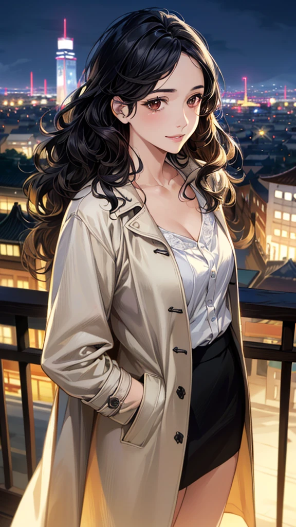 (masterpiece:1.2, Highest quality), (Realistic, photoRealistic:1.4), Beautiful illustrations, (Natural Side Lighting, Cinema Lighting), ,
View your viewers, 1 Girl, Japanese, 30 years old,Perfect Face, Cute and symmetrical face, Shiny skin,
(Medium Wavy Hair, Black Hair), Brown eyes, Long eyelashes,
Beautiful Hair, Beautiful Face, Beautiful attention to detail, Beautiful clavicle, Beautiful body, Beautiful breasts, Beautiful thighs, Beautiful feet, Beautiful fingers,
blouse, ((白いblouse, 開いた茶色のcoat)), coat, Black Skirt, Hair Ribbon,
(Beautiful views), (night), (city, cityscape in the distance)、 Standing, A soft smile、(Smile, Lips parted),