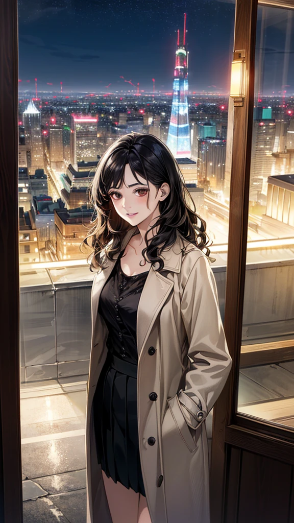 (masterpiece:1.2, Highest quality), (Realistic, photoRealistic:1.4), Beautiful illustrations, (Natural Side Lighting, Cinema Lighting), ,
View your viewers, 1 Girl, Japanese, 30 years old,Perfect Face, Cute and symmetrical face, Shiny skin,
(Medium Wavy Hair, Black Hair), Brown eyes, Long eyelashes,
Beautiful Hair, Beautiful Face, Beautiful attention to detail, Beautiful clavicle, Beautiful body, Beautiful breasts, Beautiful thighs, Beautiful feet, Beautiful fingers,
blouse, ((白いblouse, 開いた茶色のcoat)), coat, Black Skirt, Hair Ribbon,
(Beautiful views), (night), (city, cityscape in the distance)、 Standing, A soft smile、(Smile, Lips parted),