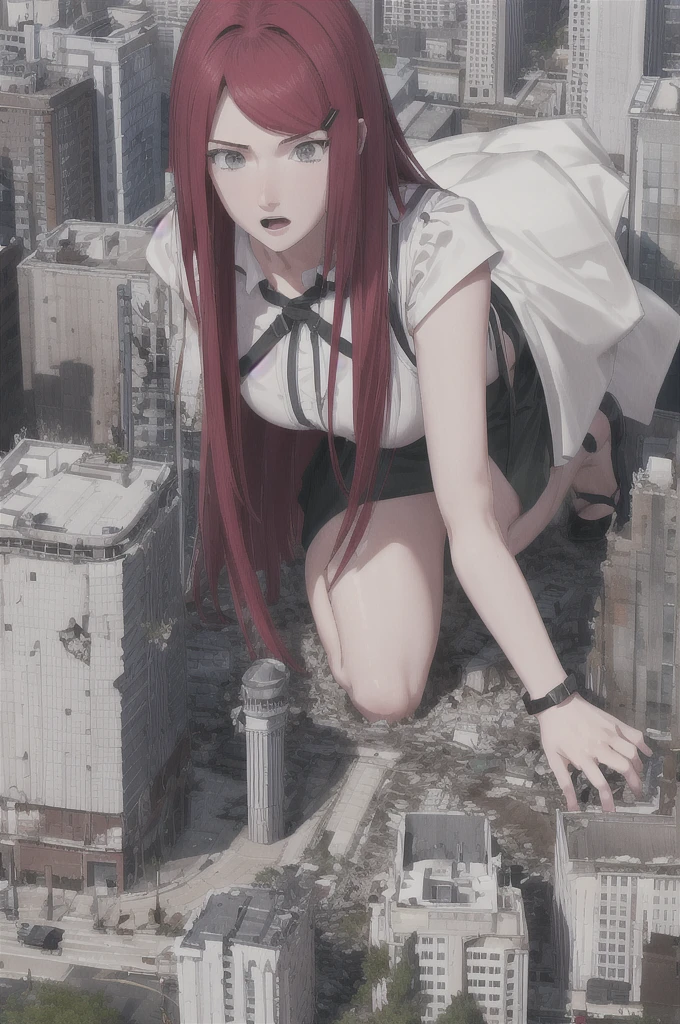 kushina,, kushina, red hiar, long hair, hair ornament, red hair, hairclip, (grey eyes:1.5), (swept bangs:1.5), open mouth, confused, BREAK shirt, dress, jewelry, white shirt, short sleeves, apron, bracelet, green apron, collar, full body shot
zoomed out, distant view, perfect arms, perfect hands, perfect face, perfect legs, perfect thighs, perfect feet ground view, from below, groundview, low angle, kneeling, leaning forward, hands on the ground, looming, perspective , looking down, looking at the ground looking down:1.5, looking at the ground, unamused blue sky, city, giga giantess, gts, giantess destroying a cityscape, destruction, rampage, huge craters, ravines, cracks in the ground, earthquake, smoke, fire, destroyed city, ruins, rubble, debris, crumbling, destroyed buildings, knocked over buildings, toppled skyscrapers, crumbling buildings, falling buildings, rampage in the city, destruction in the city destroyed cityscape,large bosom