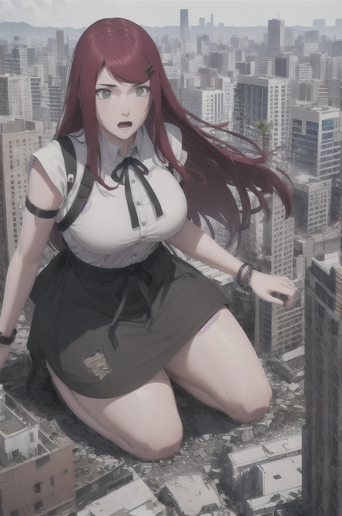 kushina,, kushina, red hiar, long hair, hair ornament, red hair, hairclip, (grey eyes:1.5), (swept bangs:1.5), open mouth, confused, BREAK shirt, dress, jewelry, white shirt, short sleeves, apron, bracelet, green apron, collar, full body shot
zoomed out, distant view, perfect arms, perfect hands, perfect face, perfect legs, perfect thighs, perfect feet ground view, from below, groundview, low angle, kneeling, leaning forward, hands on the ground, looming, perspective , looking down, looking at the ground looking down:1.5, looking at the ground, unamused blue sky, city, giga giantess, gts, giantess destroying a cityscape, destruction, rampage, huge craters, ravines, cracks in the ground, earthquake, smoke, fire, destroyed city, ruins, rubble, debris, crumbling, destroyed buildings, knocked over buildings, toppled skyscrapers, crumbling buildings, falling buildings, rampage in the city, destruction in the city destroyed cityscape,large bosom