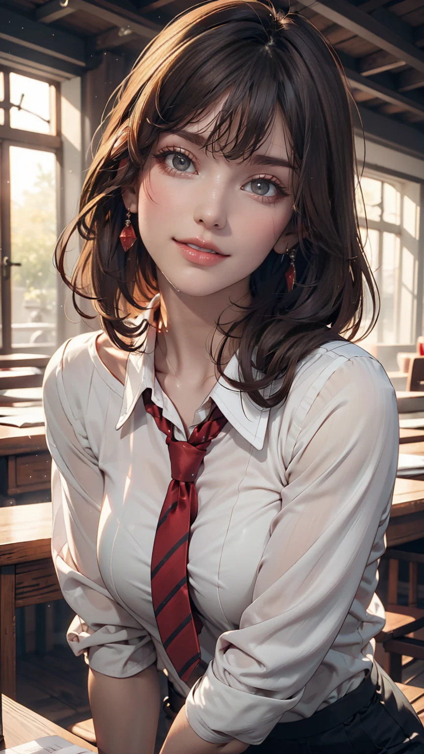 masterpiece, Highest quality, Highest quality, One girl, alone, View your viewers, , Tezuka Rin, (Amputee without an arm:1.2), Brown Hair, collar, collared shirt, (double amputee:1.2), Green Eyes, katawa shoujo, Red tie, shirt, short hair, alone, white shirt, Rozhkin, Grin, Accurate teeth with gaps