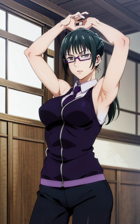 Maki Zenin, wearing business suit, curved, dark green hair, well proportioned, muscular, large thighs, medium chest, purple glasses, office background, arms up, armpits visible