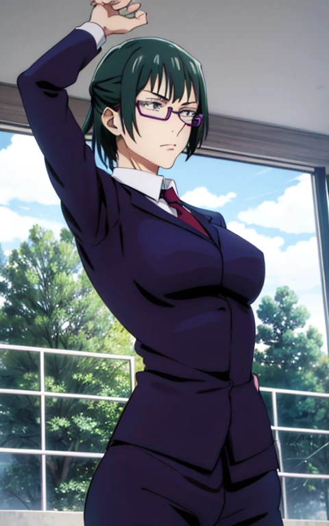 Maki Zenin, wearing business suit, curved, dark green hair, well proportioned, muscular, large thighs, medium chest, purple glasses, office background, arms up, armpits visible