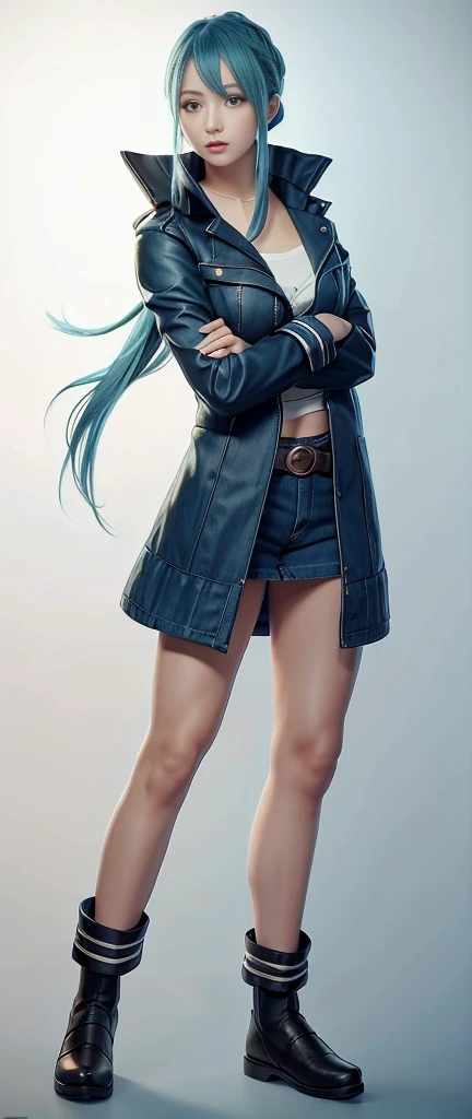 Blue Hair Surrealism, Character table, Reference Table, Standing painting, 8k, Super Detail, 1080P, Women HD, 4K, 8k, 16k, high resolution, best quality, high quality, Anatomically correct, masterpiece, precise, Ultra HD,grace,Unreal Engine,Delicate face,Long braids,slim,Long legs,miniskirt
