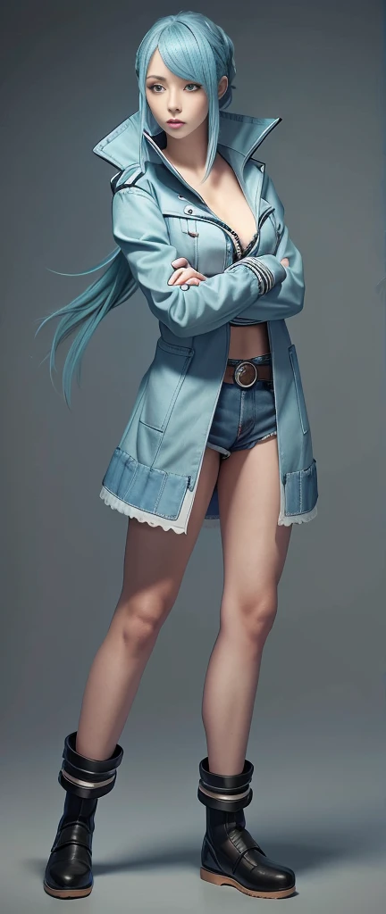 Blue Hair Surrealism, Character table, Reference Table, Standing painting, 8k, Super Detail, 1080P, Women HD, 4K, 8k, 16k, high resolution, best quality, high quality, Anatomically correct, masterpiece, precise, Ultra HD，grace，Unreal Engine，Delicate face，Long braids，slim，Long legs，miniskirt