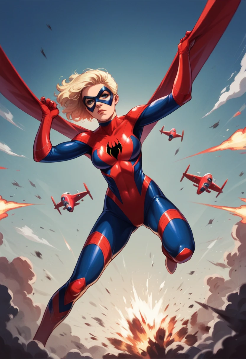 plane crash at background, explosions, in animation style, basety style, wearing Black Spiderman cosplay, [Taylor( :0)Swift|christy marks],
woman superhero, dramatic, 
detailed background in abbe bi style, 