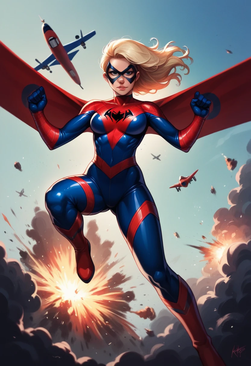 plane crash at background, explosions, in animation style, basety style, wearing Black Spiderman cosplay, [Taylor( :0)Swift|christy marks],
woman superhero, dramatic, 
detailed background in abbe bi style, 