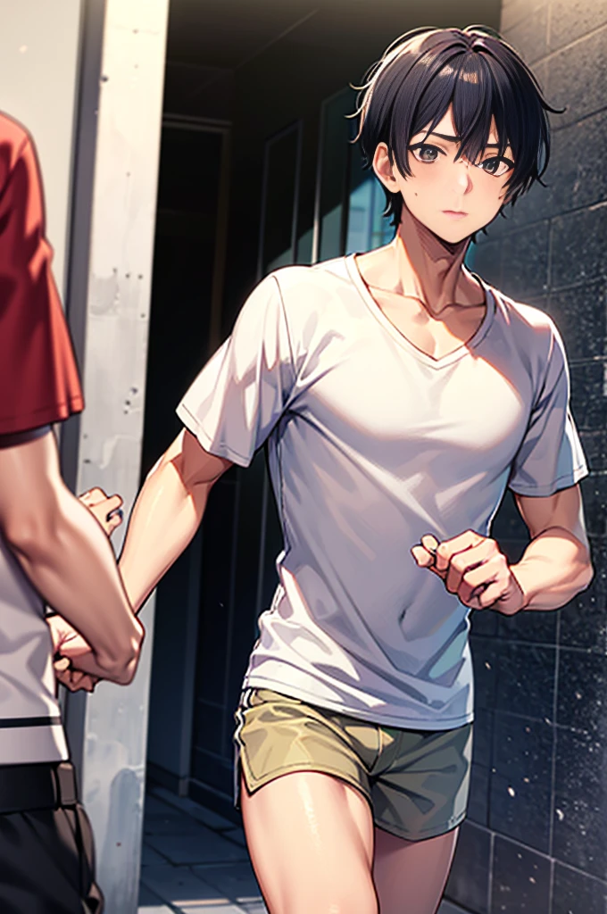 Cool protagonist,,,,Refreshing athletic guy,,,boy,boys,charm,Action,Vibrancy,Japanese high school student style,Magazine talent style,clavicle,thin limbs,Big white t-shirt,,,Male Focus,Breeze,Dust,Natural light,face,hand,eye,Biologically correct