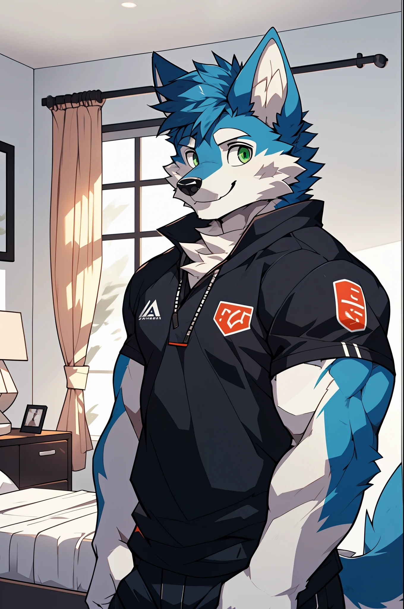 (high definition, Dynamic HDR, 4k, Full HD), furry, 18 years old, relax, blue fur, wolf, Big one, blue fur, green_eyes, Random clothes, A smile on his face., bedroom, upper body, cute, handsome, muscle