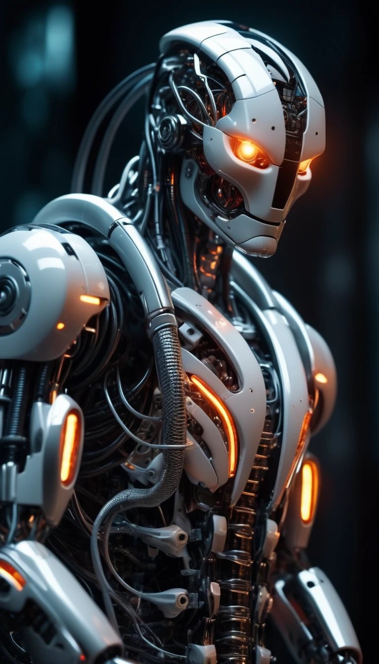 Translucent movie stills (Cybernetic robot snake:1.5), (Glowing Veins:1.3) (The cable enters the body, circuit:1.3), Very detailed, Vignette, Very detailed, High budget, Bokeh, Sulky, amazing, nice, Film Grain, granular