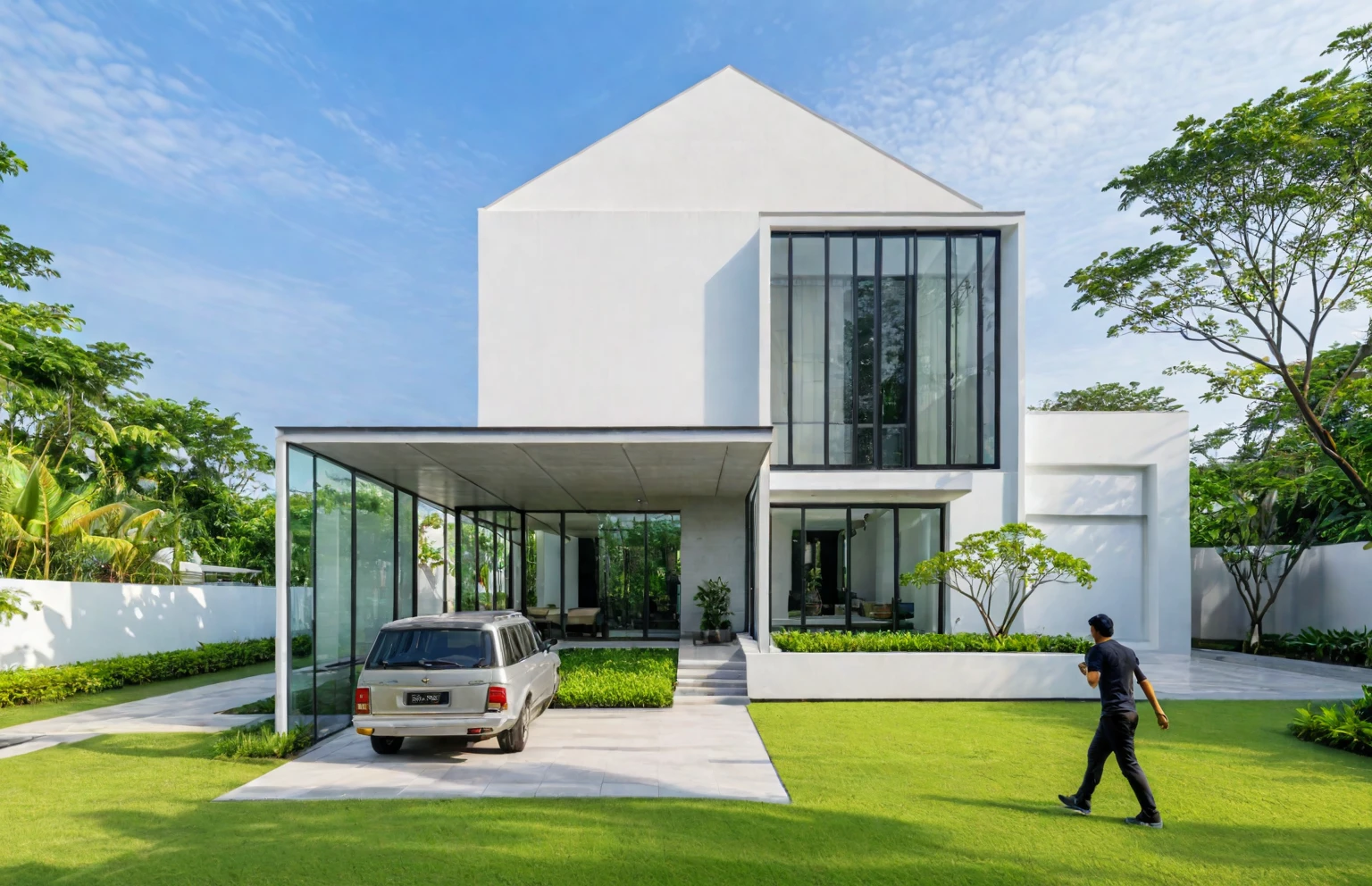 A modern minimalist style single-story villa with a flat roof, white walls and glass windows in Vietnam is surrounded by green lawns, ((road)), ((sidewalk)), (sidewalk trees), The overall architectural design features clean lines and simplicity, creating an elegant atmosphere. Use professional photography techniques to capture details and highlight the unique architecture of contemporary luxury houses in the style of minimalism