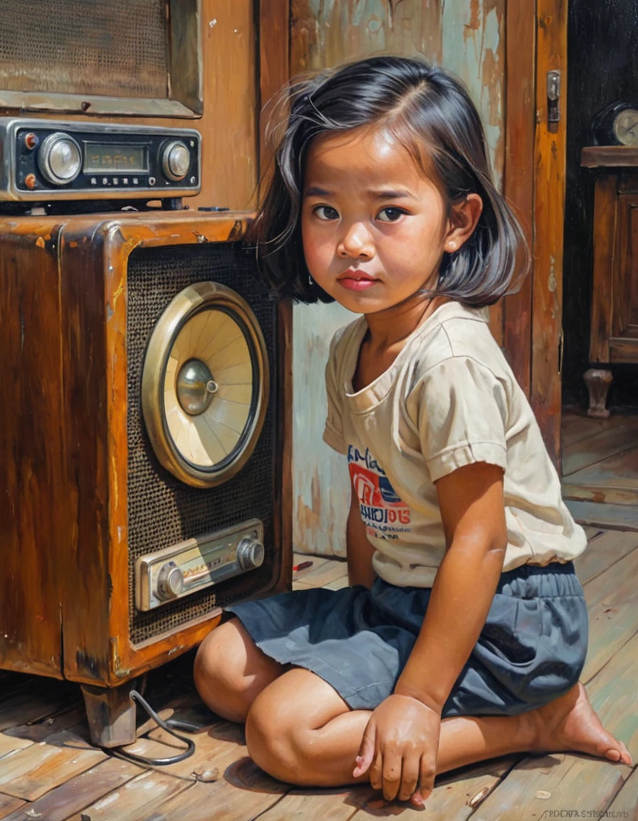 Oil painting of a 5 year old Thai girl with a very cute face. He bent down and put his ear next to the speaker of an old transistor radio. Waiting closely to hear the lottery results. realistic house scenery background