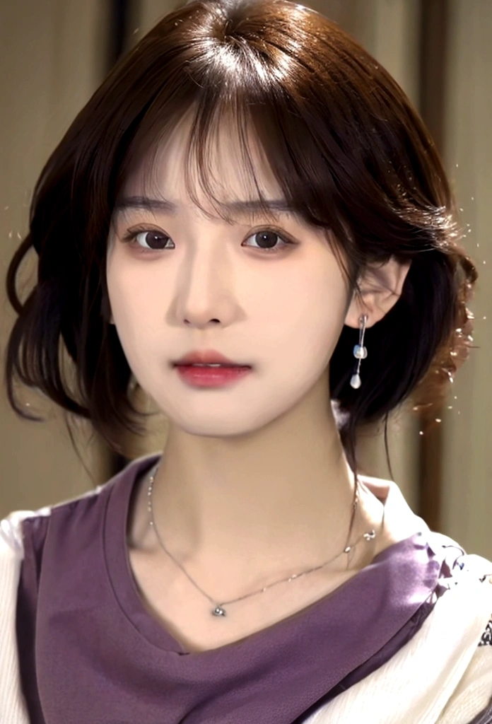 masterpiece, Highest quality,(Realistic, photo-Realistic:1.37), juice, One girl, alone, jewelry, Brown eyes, View your viewers, necklace, Black short hair, indoor, shirt, lips, Upper Body, Selfie, bangs, blue shirt, chest、White skin、Tear bags