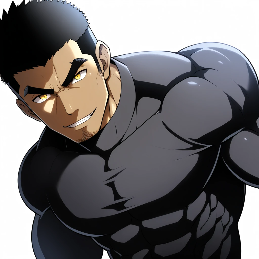 one negro, anime characters：Gyee, Hibino Kafka, Muscle Sports Student, negro black skin, Very Black, muscular tough guy, Manliness, male focus, Grey long sleeve turtleneck tight t-shirt, Regular symmetrical pattern, Very tight, muscular male, muscular, only, Upper body, alone, Black short hair, Thick eyebrows, stubble, Yellow eyes, White background, simple background, amazing quality, best aesthetics, Ridiculous, bright pupils, crew cut, parted lips, seductive smile, torogao, naughty face, best quality