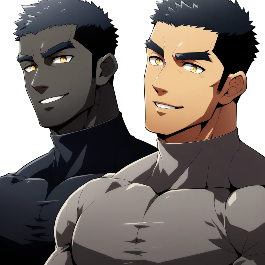 one negro, anime characters:Gyee, Hibino Kafka, Muscle Sports Student, negro black skin, Very Black, muscular tough guy, Manliness, male focus, Grey long sleeve turtleneck tight t-shirt, Regular symmetrical pattern, Very tight, muscular male, muscular, only, Upper body, alone, Black short hair, Thick eyebrows, stubble, Yellow eyes, White background, simple background, amazing quality, best aesthetics, Ridiculous, bright pupils, crew cut, parted lips, seductive smile, torogao, naughty face, best quality