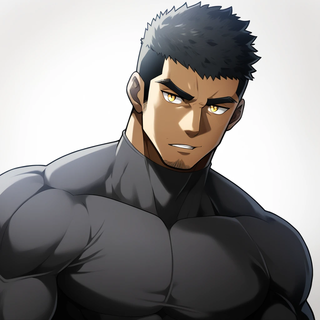 one negro, anime characters:Gyee, Hibino Kafka, Muscle Sports Student, negro black skin, Very Black, muscular tough guy, Manliness, male focus, Grey long sleeve turtleneck tight t-shirt, Regular symmetrical pattern, Very tight, muscular male, muscular, only, Upper body, alone, Black short hair, Thick eyebrows, stubble, Yellow eyes, White background, simple background, amazing quality, best aesthetics, Ridiculous, bright pupils, crew cut, parted lips, seductive smile, torogao, naughty face, best quality