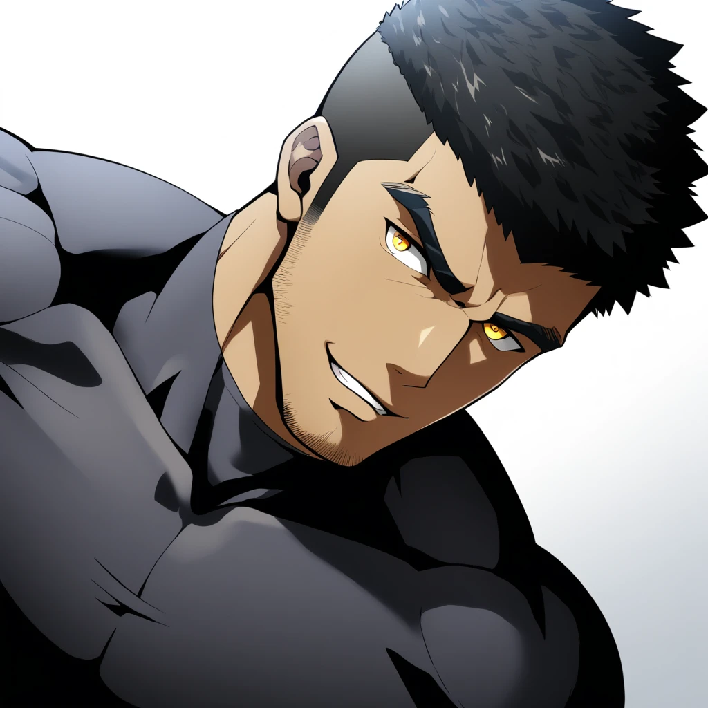 one negro, anime characters:Gyee, Hibino Kafka, Muscle Sports Student, negro black skin, Very Black, muscular tough guy, Manliness, male focus, Grey long sleeve turtleneck tight t-shirt, Regular symmetrical pattern, Very tight, muscular male, muscular, only, Upper body, alone, Black short hair, Thick eyebrows, stubble, Yellow eyes, White background, simple background, amazing quality, best aesthetics, Ridiculous, bright pupils, crew cut, parted lips, seductive smile, torogao, naughty face, best quality