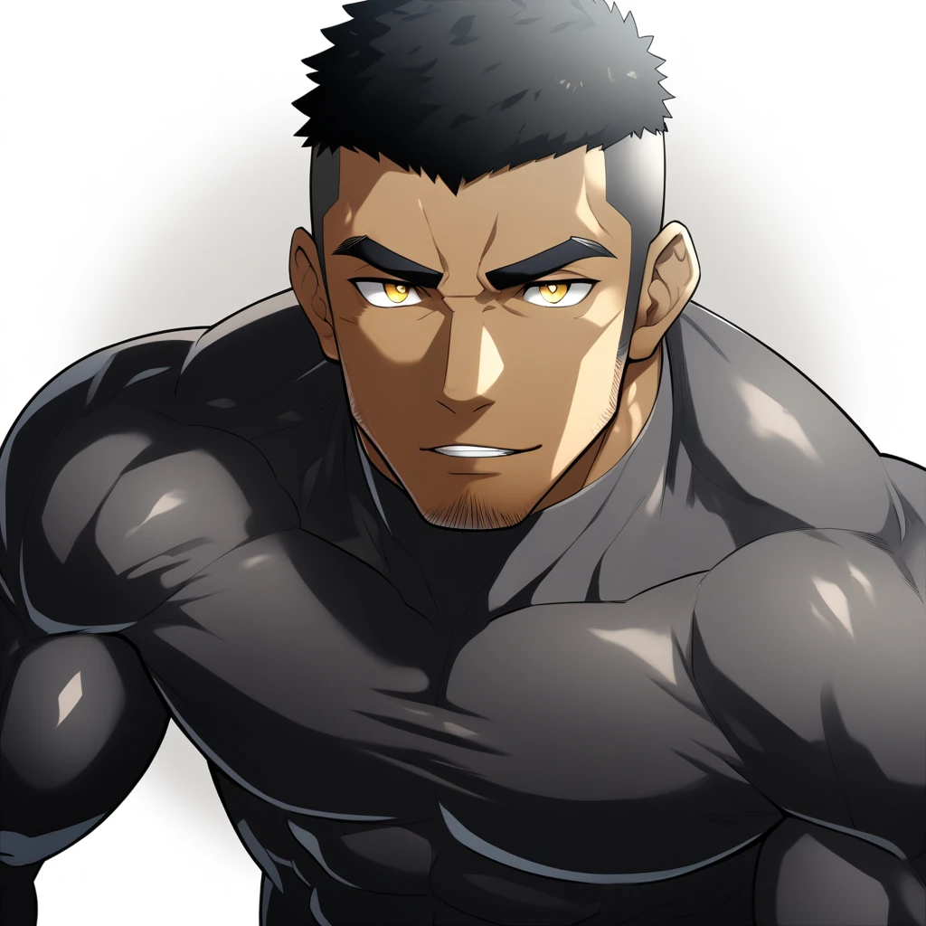 one negro, anime characters:Gyee, Hibino Kafka, Muscle Sports Student, negro black skin, Very Black, muscular tough guy, Manliness, male focus, Grey long sleeve turtleneck tight t-shirt, Regular symmetrical pattern, Very tight, muscular male, muscular, only, Upper body, alone, Black short hair, Thick eyebrows, stubble, Yellow eyes, White background, simple background, amazing quality, best aesthetics, Ridiculous, bright pupils, crew cut, parted lips, seductive smile, torogao, naughty face, best quality