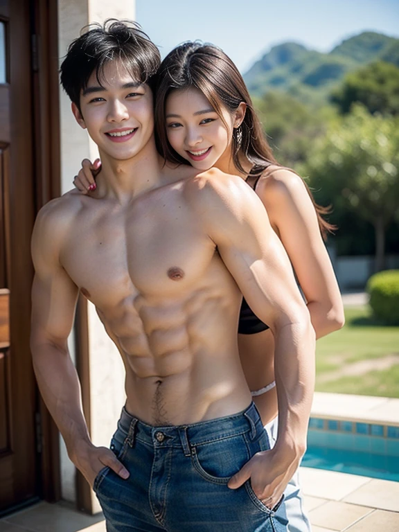 A handsome Asian man and a young Korean woman, age difference, age difference, giant size, ((người đàn ông 18 years old, naked, muscular body, smiling face, 6-pack abs, broad shoulders, eo hẹp, ((His face resembles a Korean male idol)), hug the girl from behind, Touch the girl's chest)), ((25 tuổi sexy young girl, naked small size and skinny, long black hairstyle, face red because of embarrassment, tư thế tình dục, kiss)), 18 years old, A young girl, sea, wooden hut, Detailed face, thực tế, ngực, nude, tình dục, large chest groove, small areola