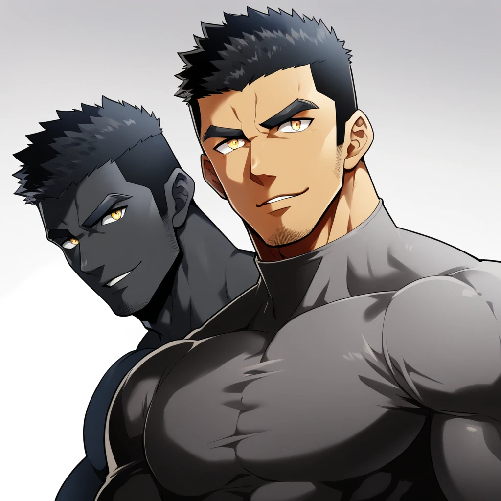 one negro, anime characters:Gyee, Hibino Kafka, Muscle Sports Student, negro black skin, Very Black, muscular tough guy, Manliness, male focus, Grey long sleeve turtleneck tight t-shirt, Regular symmetrical pattern, Very tight, muscular male, muscular, only, Upper body, alone, Black short hair, Thick eyebrows, stubble, Yellow eyes, White background, simple background, amazing quality, best aesthetics, Ridiculous, bright pupils, crew cut, parted lips, seductive smile, torogao, naughty face, best quality